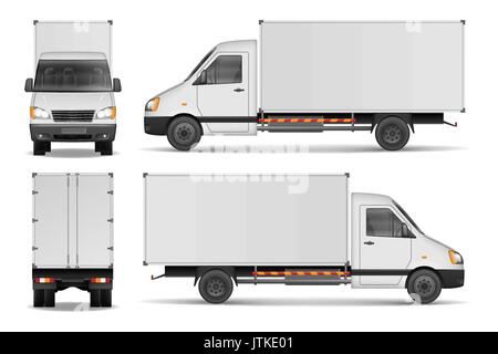 Cargo furgone isolato su bianco. Città consegna commerciale modello di carrello. Veicolo bianco mockup. illustrazione vettoriale Illustrazione Vettoriale