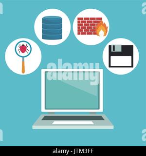 Colore di sfondo con un computer portatile e di elementi tecnologici in icone Illustrazione Vettoriale