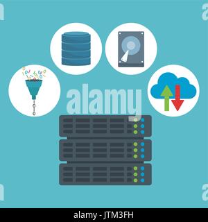 Colore di sfondo con server rack router e elementi tecnologici in icone Illustrazione Vettoriale