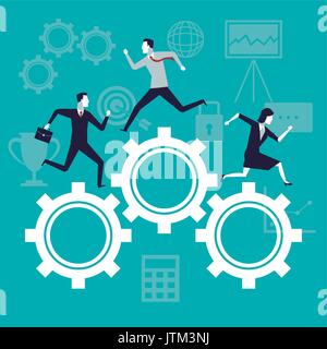 Colore di sfondo della crescita aziendale con la gente di affari in esecuzione nel meccanismo di ingranaggi Illustrazione Vettoriale
