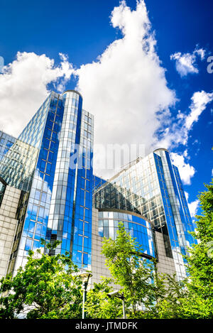 BRUXELLES, Belgio - 13 August 2014: vista dell'edificio del Parlamento Europeo a Bruxelles, Bruxelles, Belgio. Il Parlamento europeo è eletto Foto Stock