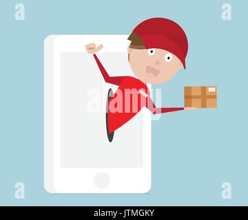 Shopping online con consegna veloce servizi dal mobile smartphone, business online Concept cartoon illustrazione vettoriale Illustrazione Vettoriale