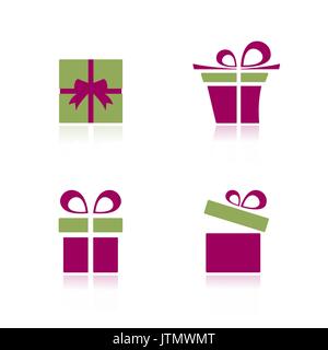 Rosa e verde doni icon set con la riflessione Illustrazione Vettoriale