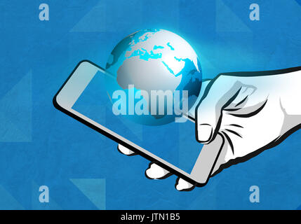 Tecnologia di comunicazione wireless illustrazione con il telefono cellulare e il blu globo terrestre in primo piano Foto Stock