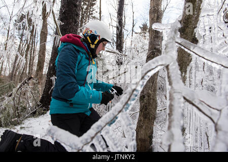 Un team di ricercatori la replica di una tempesta di ghiaccio durante l'inverno nelle White Mountains del New Hampshire. Il team sta studiando gli effetti delle tempeste di ghiaccio sul terreno, gli alberi, uccelli ed insetti. Foto Stock