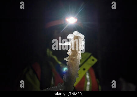 Un team di ricercatori la replica di una tempesta di ghiaccio durante l'inverno nelle White Mountains del New Hampshire. Il team sta studiando gli effetti delle tempeste di ghiaccio sul terreno, gli alberi, uccelli ed insetti. Foto Stock