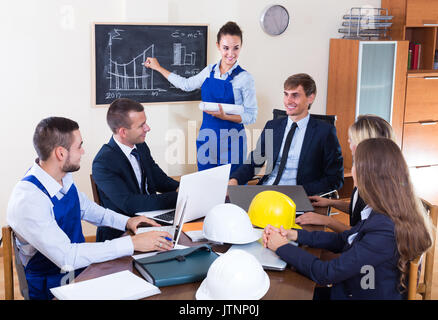 Gli architetti, progettisti e costruttori team alla riunione di lavoro in ufficio. Messa a fuoco selettiva Foto Stock