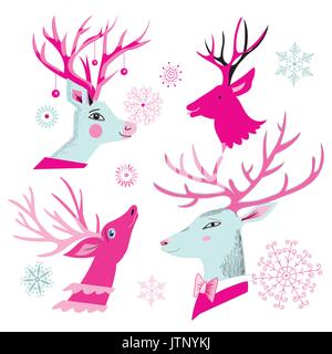 Vector set di natale di teste di capriolo isolati su sfondo bianco Illustrazione Vettoriale
