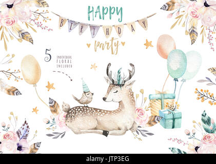 Carino baby deer vivaio isolato animale illustrazione per bambini. Bohemian acquerello boho foresta famiglia Cervi disegno, acquerello immagine. Perfetto per poster di vivaio, modelli. Compleanno invito Foto Stock