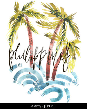 Acquerello Vintage estate Filippine stampa con la tipografia design, palme e scritte. Set tropicale, moda , T-shirt . Foto Stock