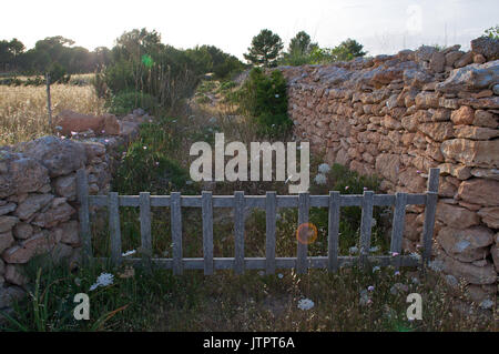 Un vecchio recinto in legno che chiude una via realizzata con le mura in pietra tradizionale a La Mola (Formentera, isole Baleari, Spagna) Foto Stock