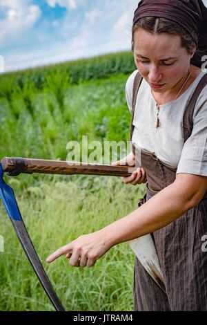 Il raccolto, la trebbiatrice giorni, visualizza e la ricreazione di antiche attrezzature agricole e tecniche in Lancaster County. Foto Stock