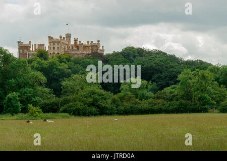 Belvoir Castle la casa del Duca e Duchessa di rutland come vista attraverso i campi da woolsthorpe. Il castello domina la valle di belvoir Foto Stock