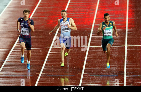 In Francia la Christophe Lemaitre ha, la Gran Bretagna è Daniel Talbot e Sud Africa Wayde Van Niekerk in azione in Uomini 200m semifinali durante il giorno sei del 2017 IAAF Campionati del mondo presso il London Stadium. Foto Stock