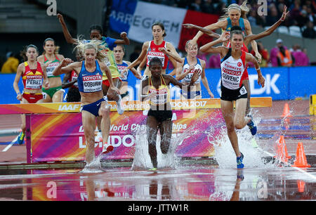 Londra, Regno Unito. 09Aug, 2017. Gli atleti competere durante la donna 3,000m Siepi riscalda il giorno 6 presso la IAAF Campionati del Mondo 2017 a Londra, in Gran Bretagna il 9 agosto, 2017. Credito: Xinhua/Alamy Live News Foto Stock