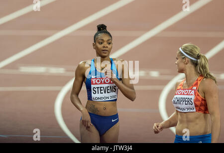 Londra, Regno Unito. 10 Agosto, 2017. Deejah STEVENS DI STATI UNITI D'AMERICA dopo il suo 200m di qualificazione in 2° durante la IAAF mondiale di atletica 2017 - giorno 7 presso il parco olimpico di Londra, Inghilterra il 10 agosto 2017. Foto di Andy Rowland. Credito: Andrew Rowland/Alamy Live News Foto Stock