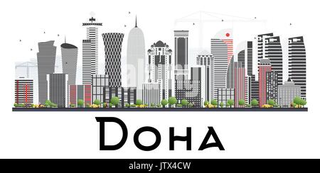 Doha in Qatar skyline con edifici grigi isolati su sfondo bianco. illustrazione vettoriale. business viaggi e turismo concept. Illustrazione Vettoriale