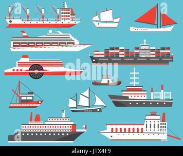 Set di navi. Passeggeri della nave di crociera, yacht, Bulk Carrier e barca a vela. Illustrazione Vettoriale. Illustrazione Vettoriale