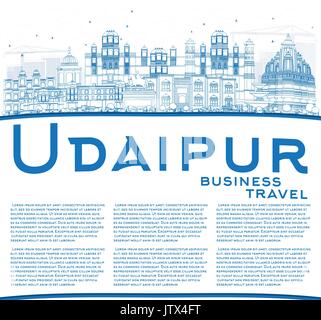 Delineare udaipur skyline con edifici blu e copia spazio. illustrazione vettoriale. viaggi di affari e di turismo con il concetto di architettura storica. Illustrazione Vettoriale