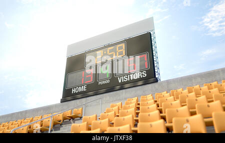 Un stadium scoreboard schermo al di sopra dei cavalletti nella giornata di tempo che mostra il lato domestico di perdere - 3D render Foto Stock