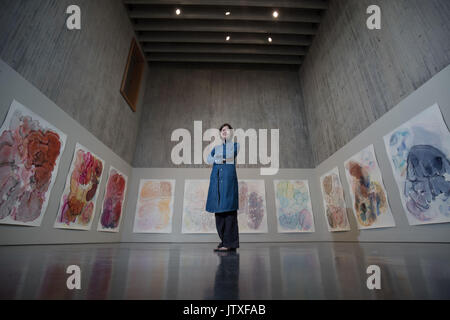 Artista Barbara Nicholls con il suo nuovo pezzo acquerello "flusso edmientary' sul display sul quarto piano presso il nuovo Walsall Art Gallery, Walsall, West Midlands. Foto Stock