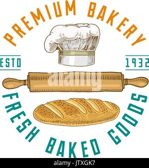 Perno di rotolamento e Chef con pane o cucina, roba per decorazione di menu. Il logo emblema o etichetta, inciso disegnati a mano nel vecchio schizzo o e in stile vintage. panetteria premium prodotti freschi di forno. Illustrazione Vettoriale