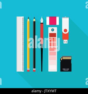 Graphic design tools. design piatto. illustrazione vettoriale. righello, penne, matite, gomma, palette, unità flash, memory card. Illustrazione Vettoriale