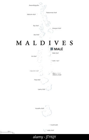 Maldive mappa politico con capitale maschio. Etichetta inglese. Repubblica e asiatici del sud paese isola nell'Oceano Indiano. Una catena di atolli. Foto Stock