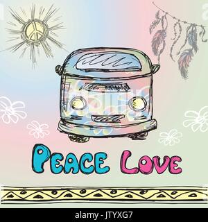 Colorate auto hippie, disegno a mano,illustrazione vettoriale Illustrazione Vettoriale