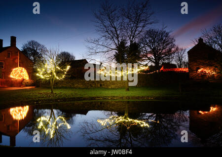 Le luci di Natale decorano alberi intorno al laghetto in Foolow, un pittoresco villaggio nel Peak District,Derbyshire,Inghilterra Regno Unito - Dicembre Foto Stock