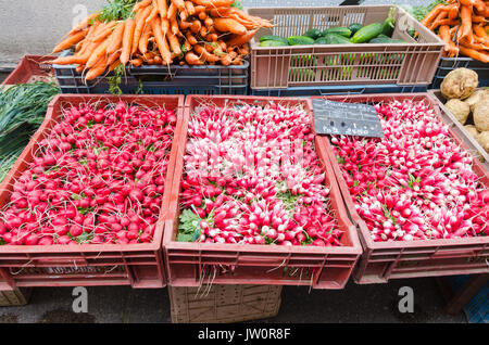 Prodotti freschi in esposizione al mercato del sabato di Dieppe, Normandia, Francia Foto Stock