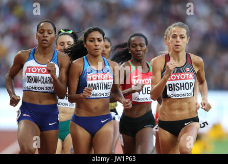 Gran Bretagna Shelayna Oskan-Clarke (sinistra), STATI UNITI D'AMERICA'S Brenda Martinez (centro) e Canada della Melissa del Vescovo in azione durante la donna 800m riscaldare due durante il giorno sette del 2017 IAAF Campionati del mondo presso il London Stadium. Foto Stock