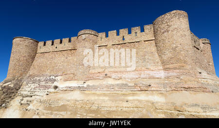 Primo piano del castello. Chinchilla de Monte-Aragon, provincia di Albacete, Spagna Foto Stock