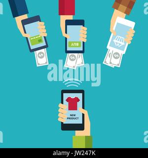 Mobile e-commerce concept design piatto Illustrazione Vettoriale