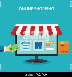 Shopping on line concept design piatto Illustrazione Vettoriale