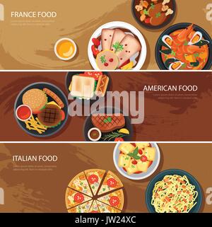 Set di cibo di banner per il web design piatto.Francia cibo,American food il cibo italiano Illustrazione Vettoriale