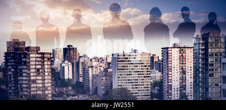 Immagine illustrativa della gente di affari contro ad alto angolo di visione degli edifici moderni città Foto Stock