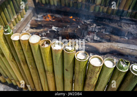 La cottura lemang, un tipo di riso di bambù. Lemang è fatto di riso glutinoso che viene cucinato con latte di cocco in bambù incavate. Si è trovato comunemente in Foto Stock