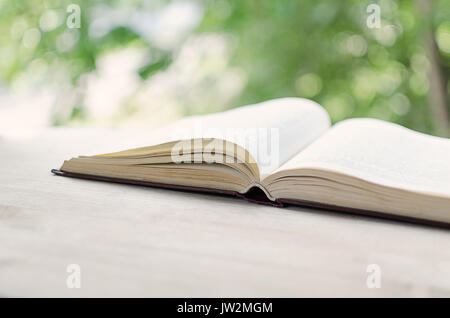 Libro aperto davanti a una finestra aperta. Foto Stock