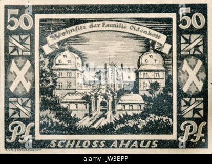 Un pezzo di Notgeld di Ahaus, Germania, pubblicato nel 1921 durante la Repubblica di Weimar. Questa valuta di emergenza è stata utilizzata durante i periodi di iperinflazione nella Germania post-prima guerra mondiale. Foto Stock