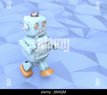 Bassa poli robot stile camminando sul blu massa geometrica. Il rendering 3D'immagine. Foto Stock