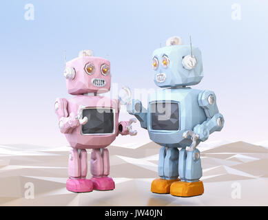 Bassa poli style robot sono goduto in chat con ogni altro. Il rendering 3D'immagine. Foto Stock