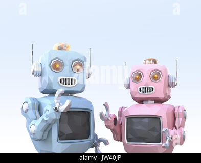 Bassa poli style robot sono goduto in chat con ogni altro. Il rendering 3D'immagine. Foto Stock