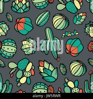 Colorate di rosso e verde di cactus e piante succulente in sagoma nera su sfondo grigio. disegnati a mano stile. pattern perfetta illustrazione vettoriale. Illustrazione Vettoriale