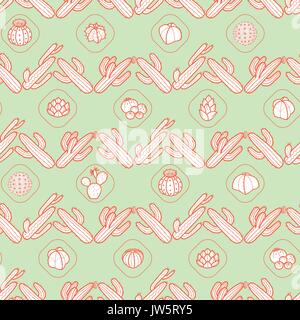 A strisce orizzontali di contorno rosso cactus e piante succulente in verde pastello. sfondo disegnato a mano stile. pattern perfetta illustrazione vettoriale. Illustrazione Vettoriale