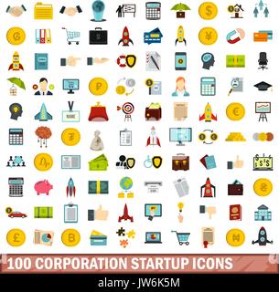 100 corporation le icone di avvio impostato, stile piatto Illustrazione Vettoriale