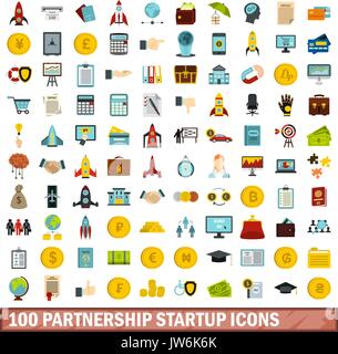 100 partnership le icone di avvio impostato, stile piatto Illustrazione Vettoriale