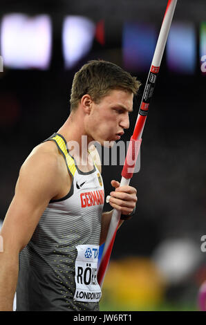 Londra, Regno Unito. 10 Ago, 2017. Thomas Rohler dalla Germania reagisce durante gli Uomini Lancio del giavellotto il qualificatore presso la IAAF Campionati del Mondo, Londra, UK, 10 agosto 2017. Foto: Rainer Jensen/dpa/Alamy Live News Foto Stock