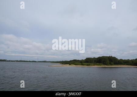 Cannock, Staffordshire, Regno Unito. 11 agosto 2017. blu/verde Alghe ha colpito i livelli problematici a chasewater country park con cartelli di avvertimento contro entrata in acqua credito: Daniel james armishaw/alamy live news Foto Stock
