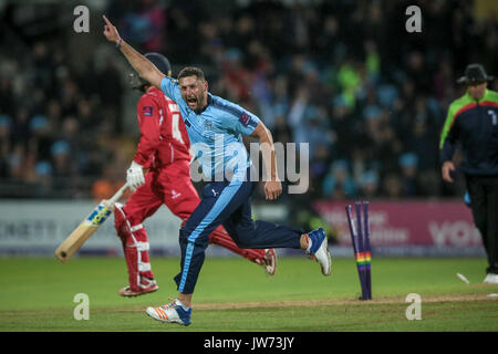 Leeds, Regno Unito. 11 Ago, 2017. Tim Bresnan (Yorkshire vichinghi) celebra in esecuzione Stephen Parry (Lancashire lampo) e aiutando a Yorkshire vichinghi per un enfatico nel conquistare la Natwest T20 gioco Blast. Yorkshire Vichinghi v Lancashire Lightning venerdì 11 agosto 2017. Foto di Mark P Doherty. Credito: catturati Fotografia di luce limitata/Alamy Live News Foto Stock